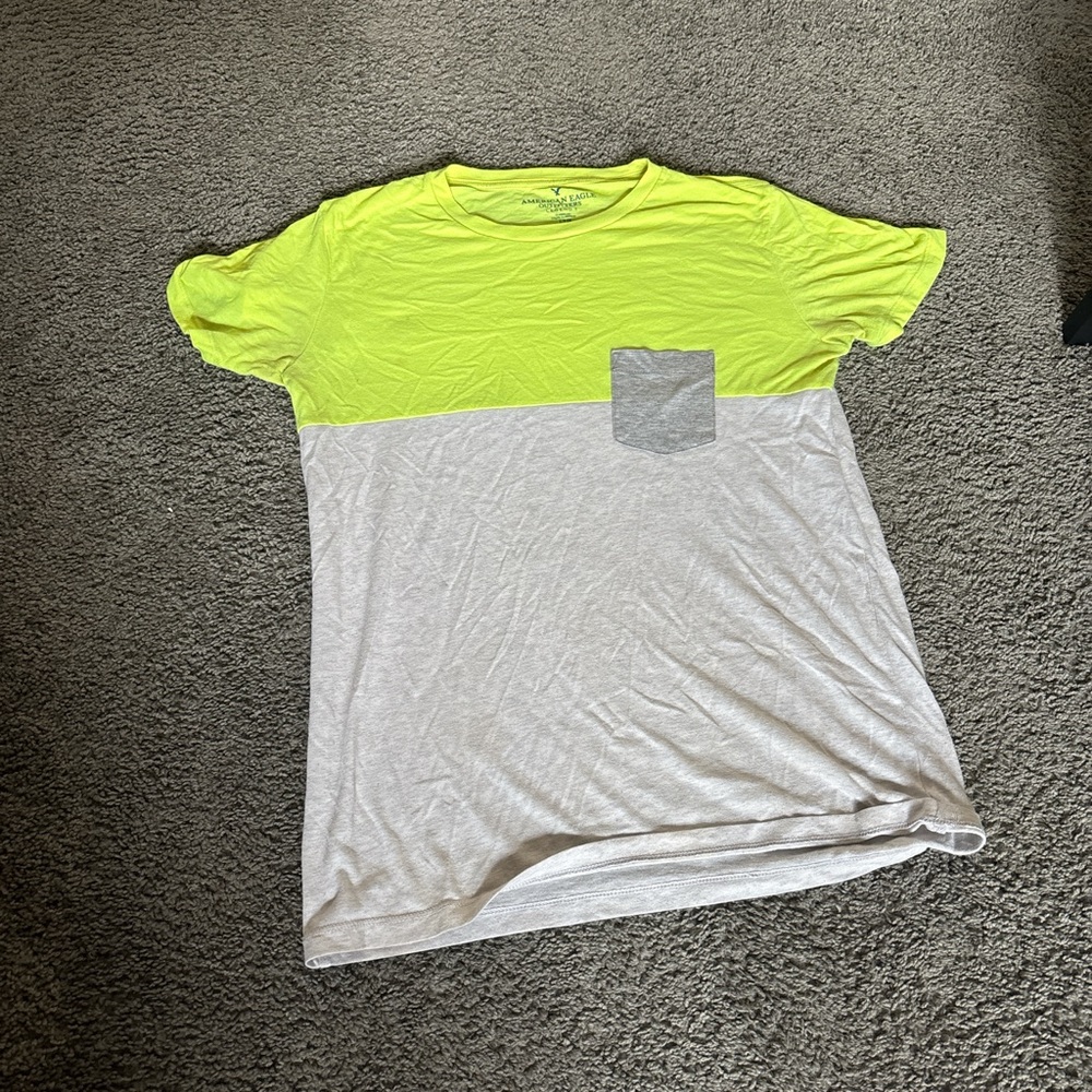 American Eagle Outfitters Neon Yellow and Gray Pocket Tee